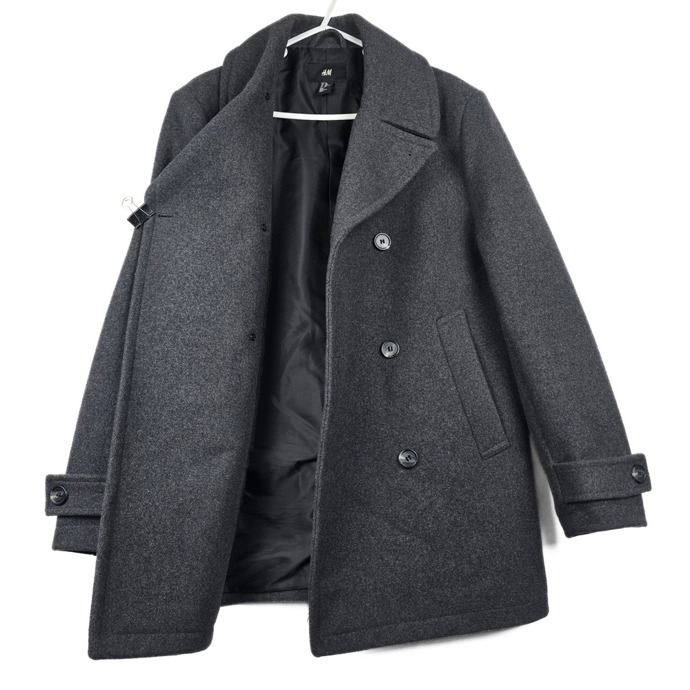 HM Mens Wool Blend Double Breasted Pea Coat Charcoal Gray 40R 0634825 8